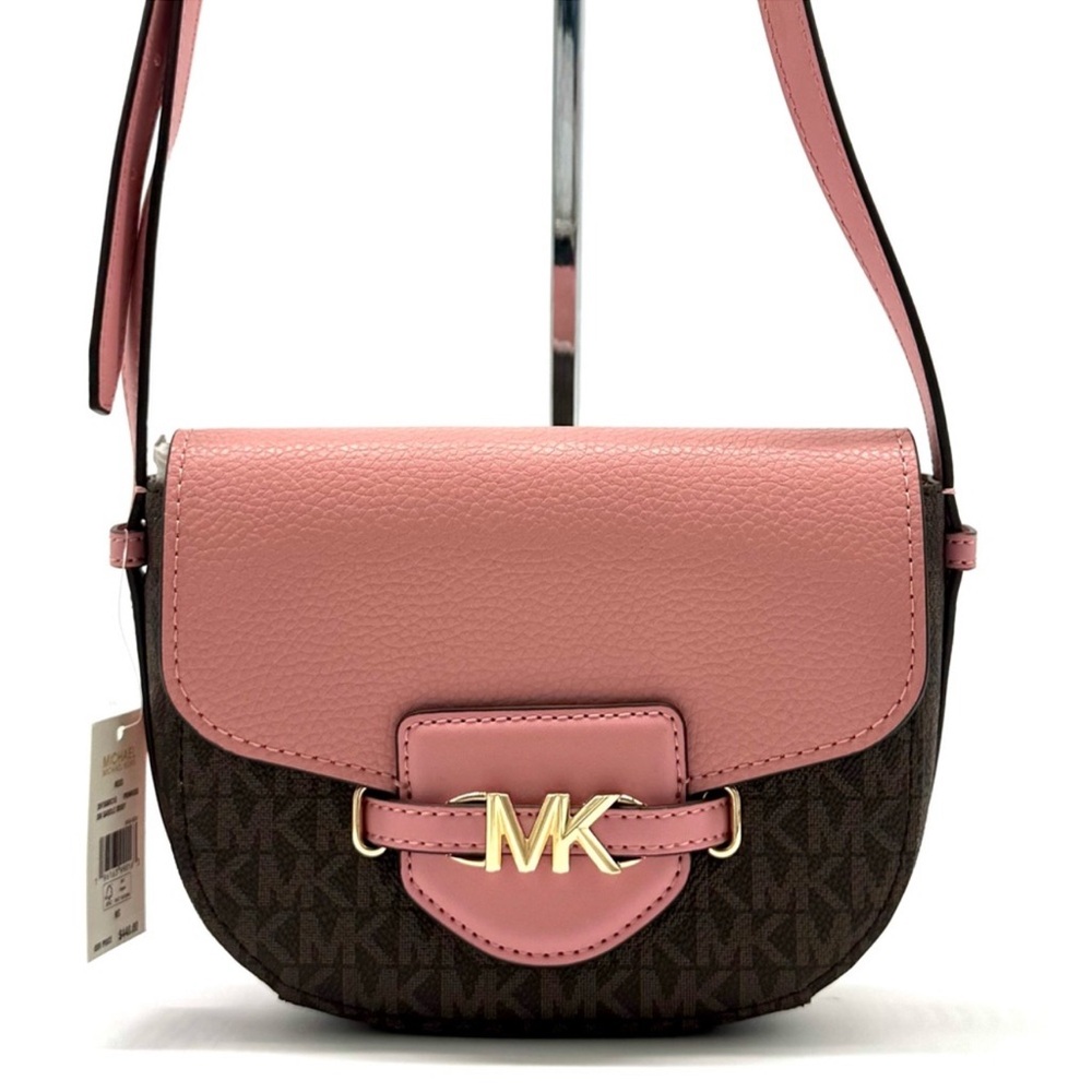Michael Kors Small Reed Leather Saddle Crossbody Bag Brown/Light Pink - Picture 3 of 9